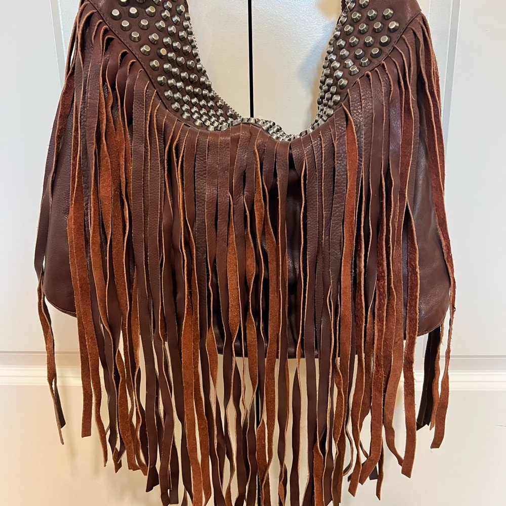 Large Ash hobo bag, brown with silver studs